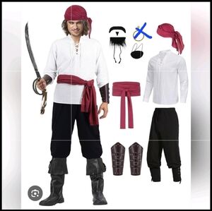 6 Pcs Pirate Costume Men Adult Halloween Medieval Renaissance Costumes Set XL